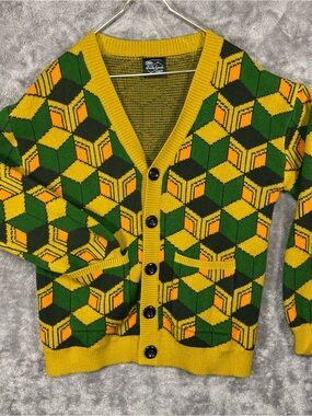 Men's Geometric Green & Yellow Button-Up Cardigan Sweater DemonSlayer